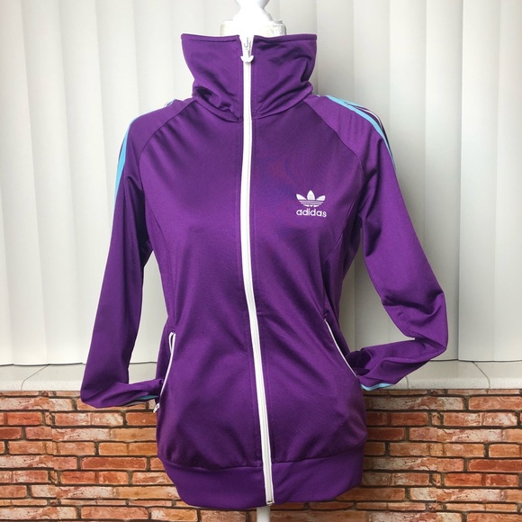 purple adidas jacket white stripes